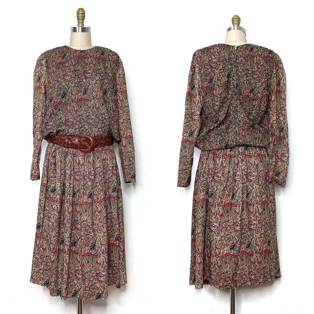 VINTAGE 60s/70s Patty O'Neil Floral Embroidered Long Sleeve Drop Waist Dress S/M
